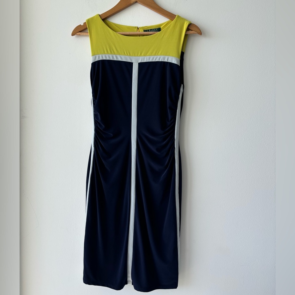 Lauren Ralph Lauren Dress Sheath Yellow Navy Sleeveless Womens 6P Office